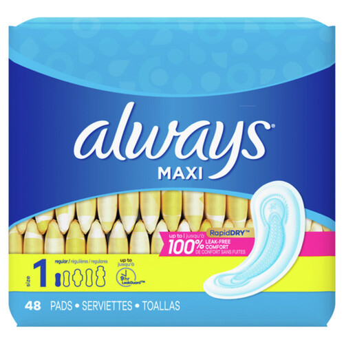 Always Rapid Dry Maxi Pads Regular Size 1 48 Count