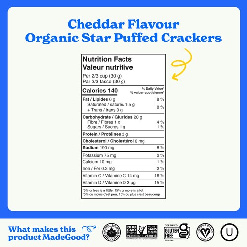 MadeGood Star Puffed Crackers Cheddar 121 g