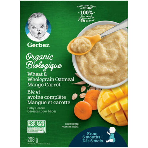 Gerber Organic Baby Cereal Wheat & Wholegrain Oatmeal Mango Carrot 208 g