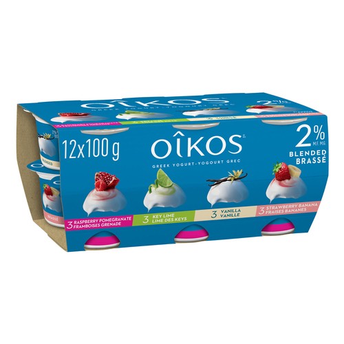 Oikos 2% Greek Yogurt Blended Raspberry-Pomegranate / Key Lime / Vanilla / Strawberry Banana Variety Pack 12 X 100 g