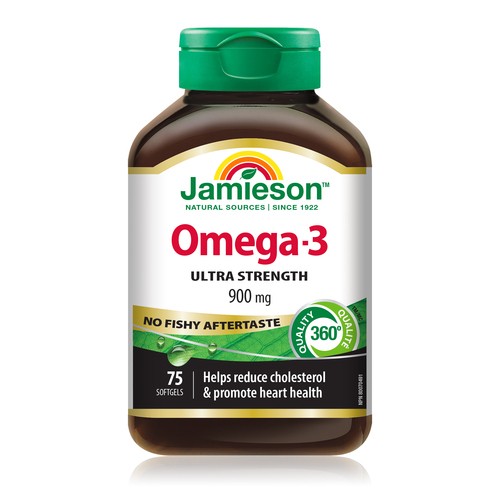 Jamieson Omega-3 Ultra Strength 900 mg Softgels No Fishy Aftertaste 75 Count