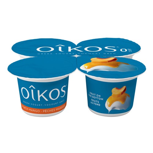 Oikos Fat-Free 0% Greek Yogurt Fruit On The Bottom Peach-Mango 4 x 100 g