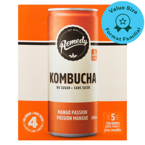 Remedy Kombucha No Sugar Mango Passion 4 x 330 ml (cans)