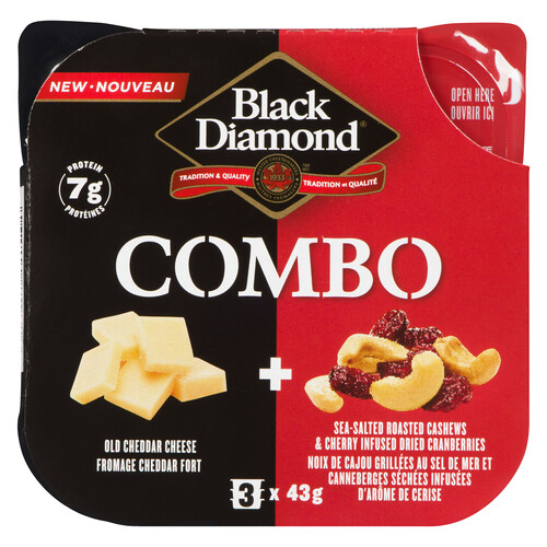 Black Diamond Combo Old Cheddar Cheese Sea Salted Roasted Cashews Dried Cranberries 3 x 43 g