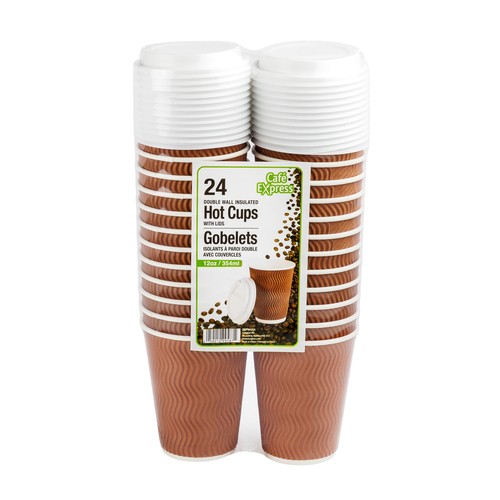 Cafe Express Disposable Ripple Coffee Cups with Sip Lids 12 oz 24 Count