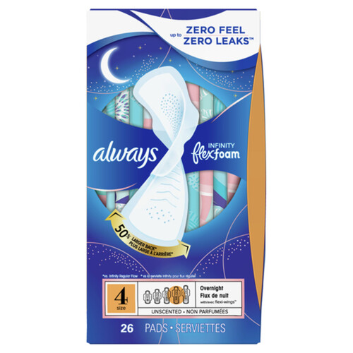 Always Infinity Flexfoam Pads Overnight With Wings Unscented Size 4 26 Count