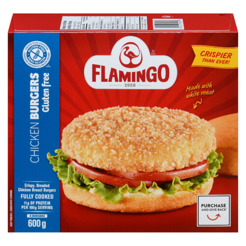 Flamingo Frozen Breaded Fully Cooked Gluten-Free Chicken Breast Burger 600 g