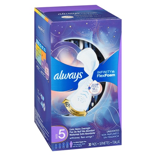 Always Infinity Feminine Hygiene Pads With Wing Extra Heavy Overnight 30 Count
