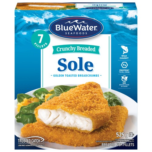 BlueWater Seafoods Frozen Crunchy Breaded Sole Fillets 525 g