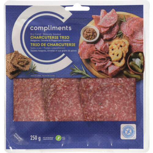 Compliments Dry Cured & Naturally Smoked Charcuterie Trio Hungarian, Cervelat & Peppercorn 250 g
