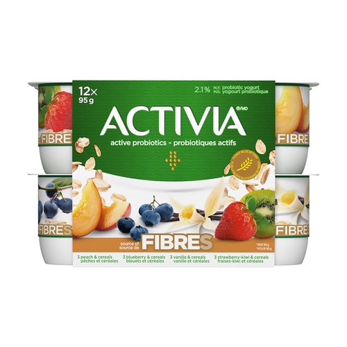 Activia Probiotics Yogurt Source of Fibres Vanilla/Blueberry/Strawberry-Kiwi/Peach 12 x 95g