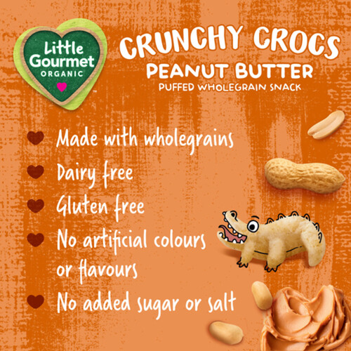 Little Gourmet Organic Crunchy Crocs Puffed Wholegrain Toddler Snack Peanut Butter 35 g