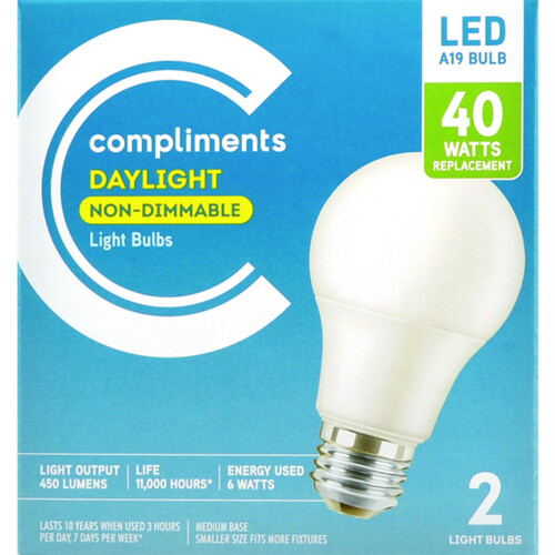 Compliments LED Light Bulbs A19 40W Daylight Non-Dimmable 2 EA