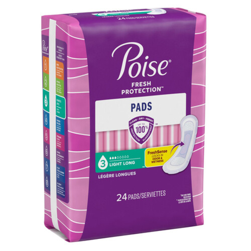 Poise Light Absorption Pads Long Length Without Wings 24 Count