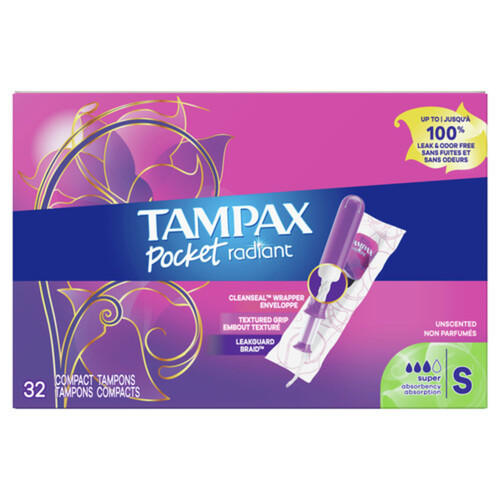 Tampax Pocket Radiant Tampons Super Unscented 32 Count
