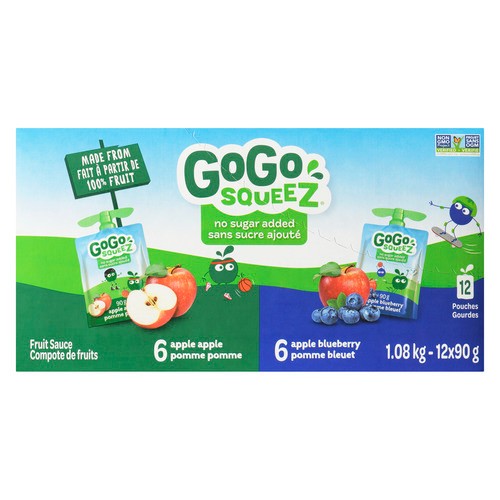 GoGo squeeZ Fruit Sauce Snack Pouches Variety Pack, Apple Apple, Apple Blueberry, No Sugar Added 12 x 90g