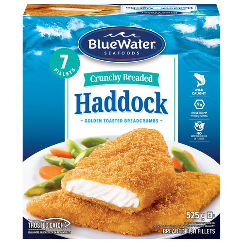 BlueWater Seafoods Frozen Crunchy Breaded Haddock Fillets 525 g
