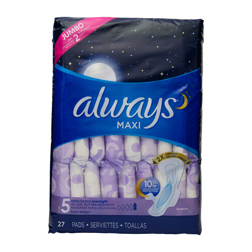 Always Maxi Overnight Pads Extra Heavy Size 5 with Wings 27 Count - Voilà  Online Groceries & Offers