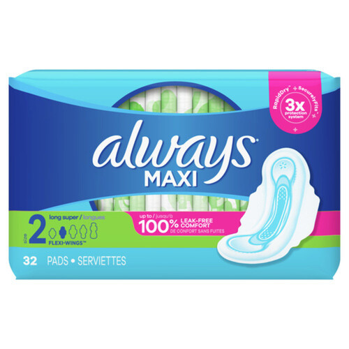 Always Maxi Pads Super Long Size 2 With Wings 32 Count