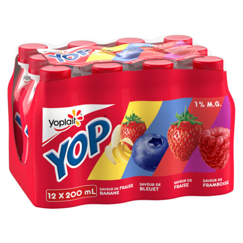 Yoplait Yop 1% Drinkable Yogurt Strawberry Blueberry Raspberry and Strawberry Banana 12 x 200 ml