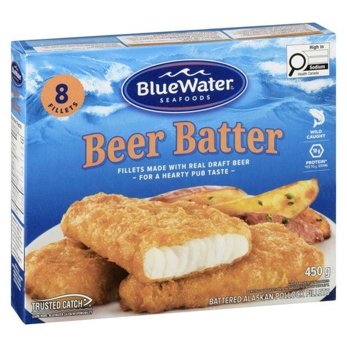 BlueWater Seafoods Frozen Alaska Pollock Fillets Beer Battered 450 g