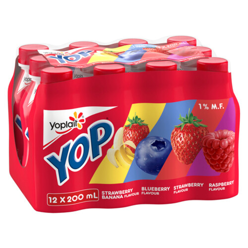 Yoplait Yop 1% Drinkable Yogurt Strawberry Blueberry Raspberry and Strawberry Banana 12 x 200 ml