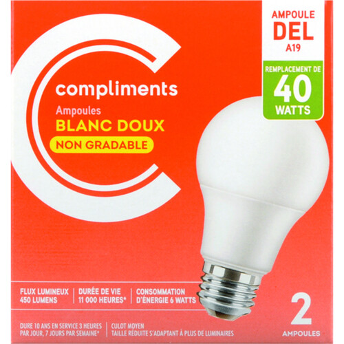 Compliments LED Light Bulbs A19 40W Soft White Non-Dimmable 2 EA