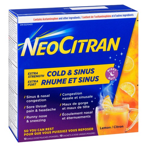 NeoCitran Cold & Sinus Powder Lemon Extra Strength Night 10 Count