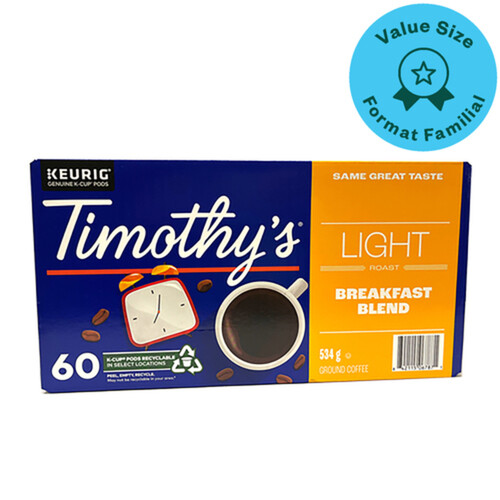 Timothy's Coffee Pods Breakfast Blend Light Roast K-Cups 60 Count