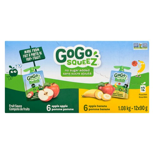 GoGo squeeZ Fruit Sauce Snack Pouches Variety Pack, Apple Apple, Apple Banana, No Sugar Added 12 x 90g