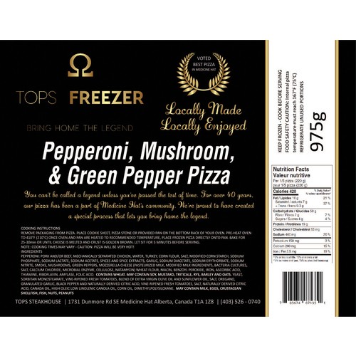 Tops Freezer Frozen Pizza Pepperoni Mushroom Green Pepper Deluxe 975 g