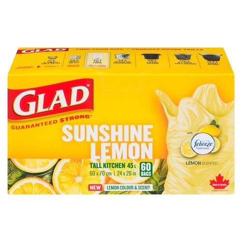 Glad Garbage Bags Sunshine Lemon Scented Tall 45 L  60 Bags