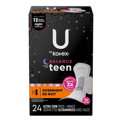 U by Kotex Teen Ultra Thin Overnight Pads With Wings 24 Count