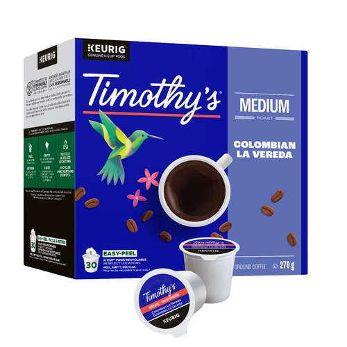 Timothy's Coffee Pods Colombian La Vereda Medium Roast K-Cups 30 Count