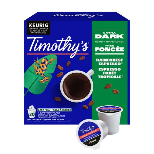 Timothy's Coffee Pods Rainforest Espresso Extra Dark K-Cups 30 EA