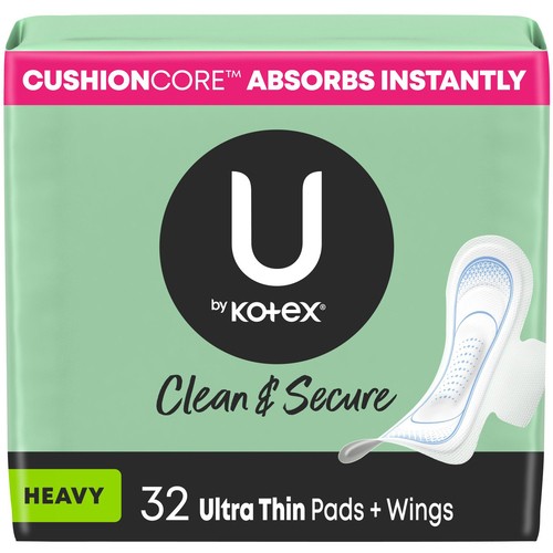 U by Kotex Clean & Secure Ultra Thin Pads with Wings Heavy 32 Count