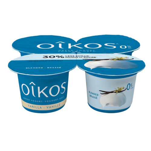 Oikos Fat Free Greek Yogurt 30% Less Sugar Vanilla Flavour Blended 4 x 100 g