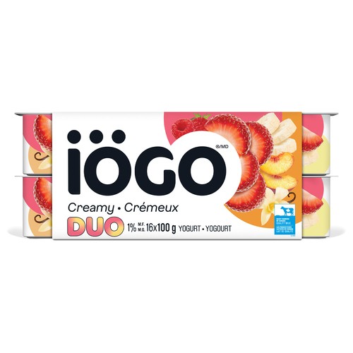 iÖGO 1% Yogurt Cups Creamy Strawberry Duos Banana Peach Raspberry Vanilla 16 x 100 g