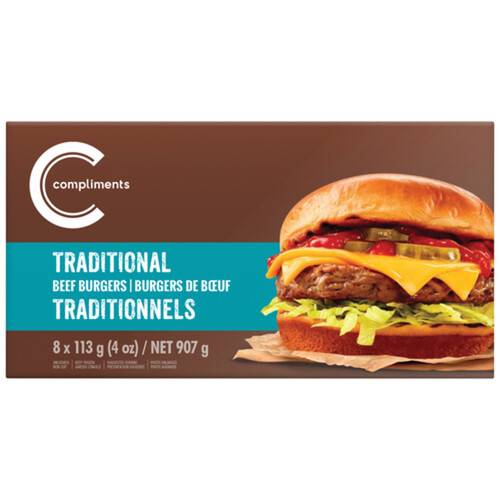 Compliments Frozen Traditional Beef Burgers 8 Patties 907 g