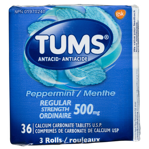 Tums Regular Heartburn Relief 3 Rolls 36 Tablets