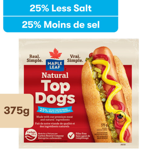 Maple Leaf Natural Top Dogs Less Salt Hot Dogs 375 g