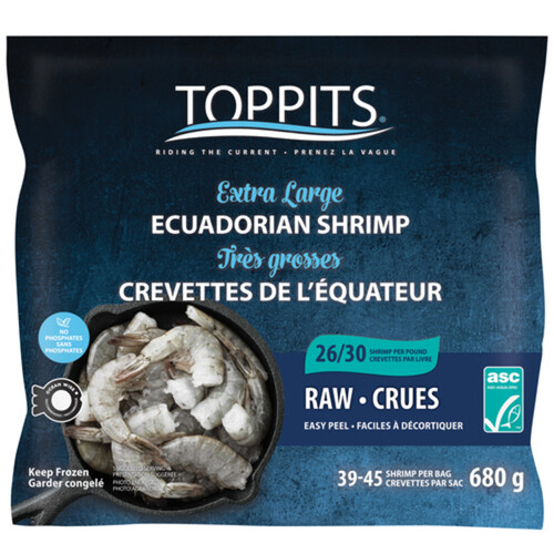 Toppits Frozen Ecuadorian White Shrimp Raw Easy Peel 26/30 Count 680 g