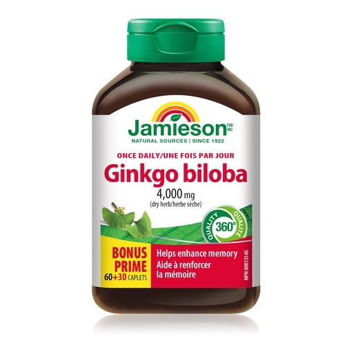 Jamieson Ginkgo Biloba 4000 mg Raw Herb Caplets Bonus 90 Count