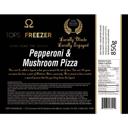 Tops Freezer Frozen Pizza Pepperoni Mushroom 875 g