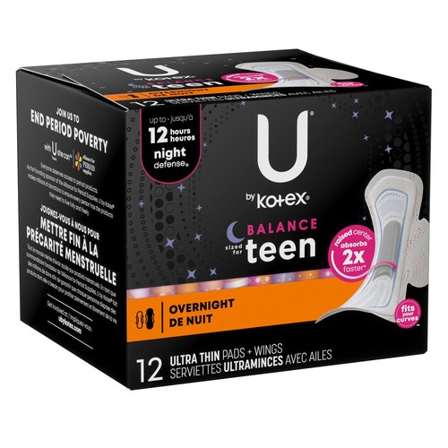U by Kotex Teen Ultra Thin Pads Overnight With Wings 12 Count