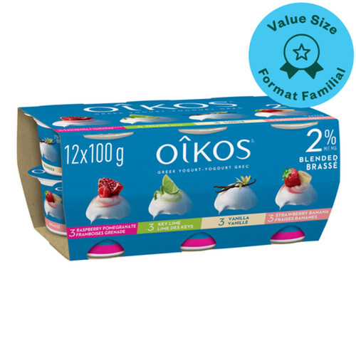 Oikos  2% Greek Yogurt Variety Pack Raspberry-Pomegranate / Key Lime / Vanilla / Strawberry Banana Blended 12 X 100 g