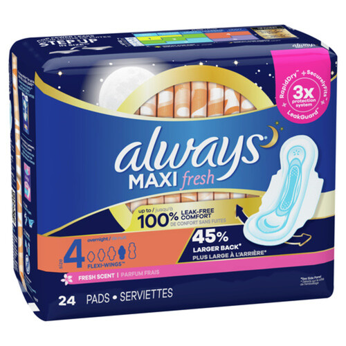 Always Maxi Overnight Pads Size 4 with Flexi-Wings 26ct New 10 Hr