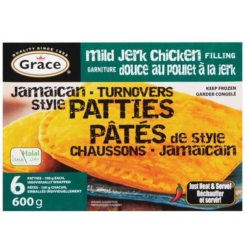 Grace Frozen Turnovers Patties Mild Jerk Chicken Filling Jamaican Style 6 x 100 g