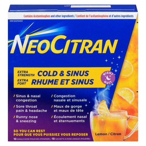 NeoCitran Cold & Sinus Powder Lemon Extra Strength Night 10 Count