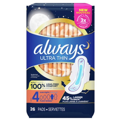 Always Ultra Thin Overnight Pads Size 4 With Wings Unscented 26 Count